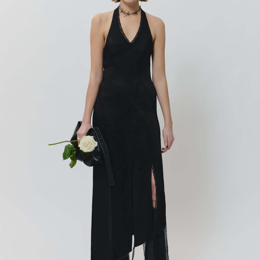 Halterneck lace dress.